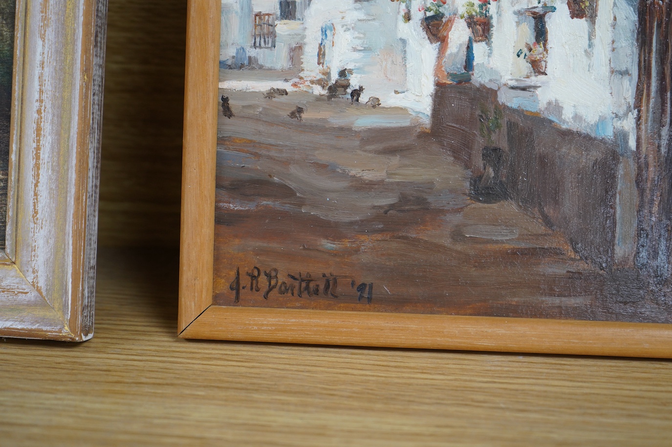 Jane H. Bartlett (20th. C), impressionist oil on board, Continental street scene with villas, signed and dated '91, 24 x 19cm. Condition - good